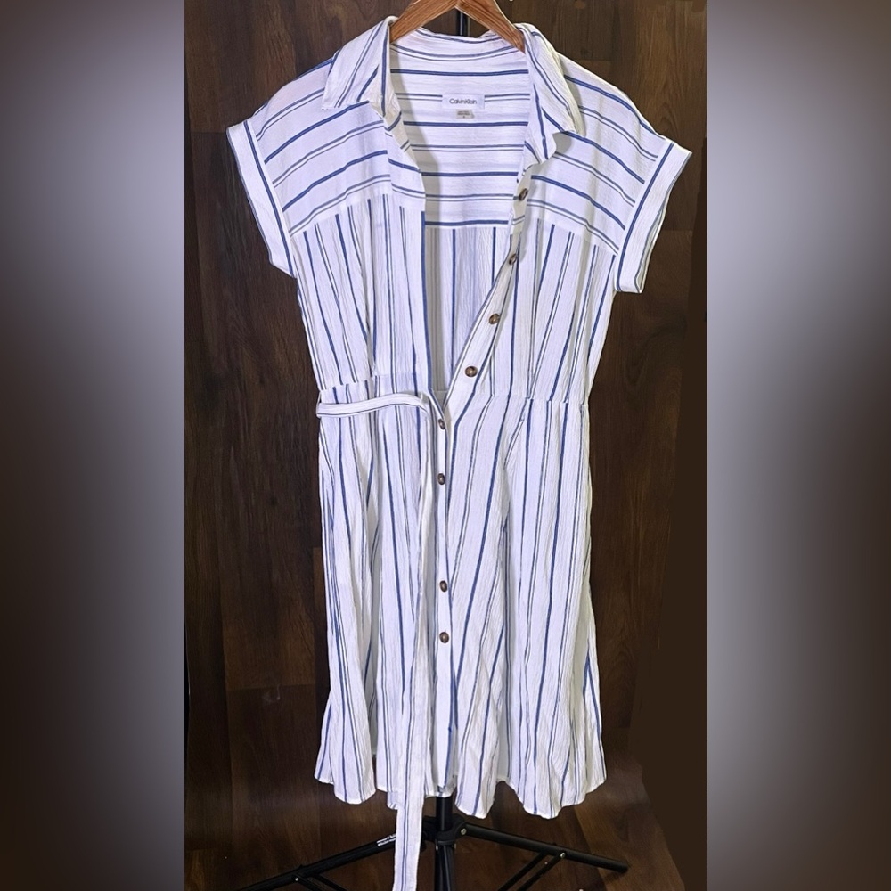 Calvin Kline White & Blue Striped Button-Down Dress